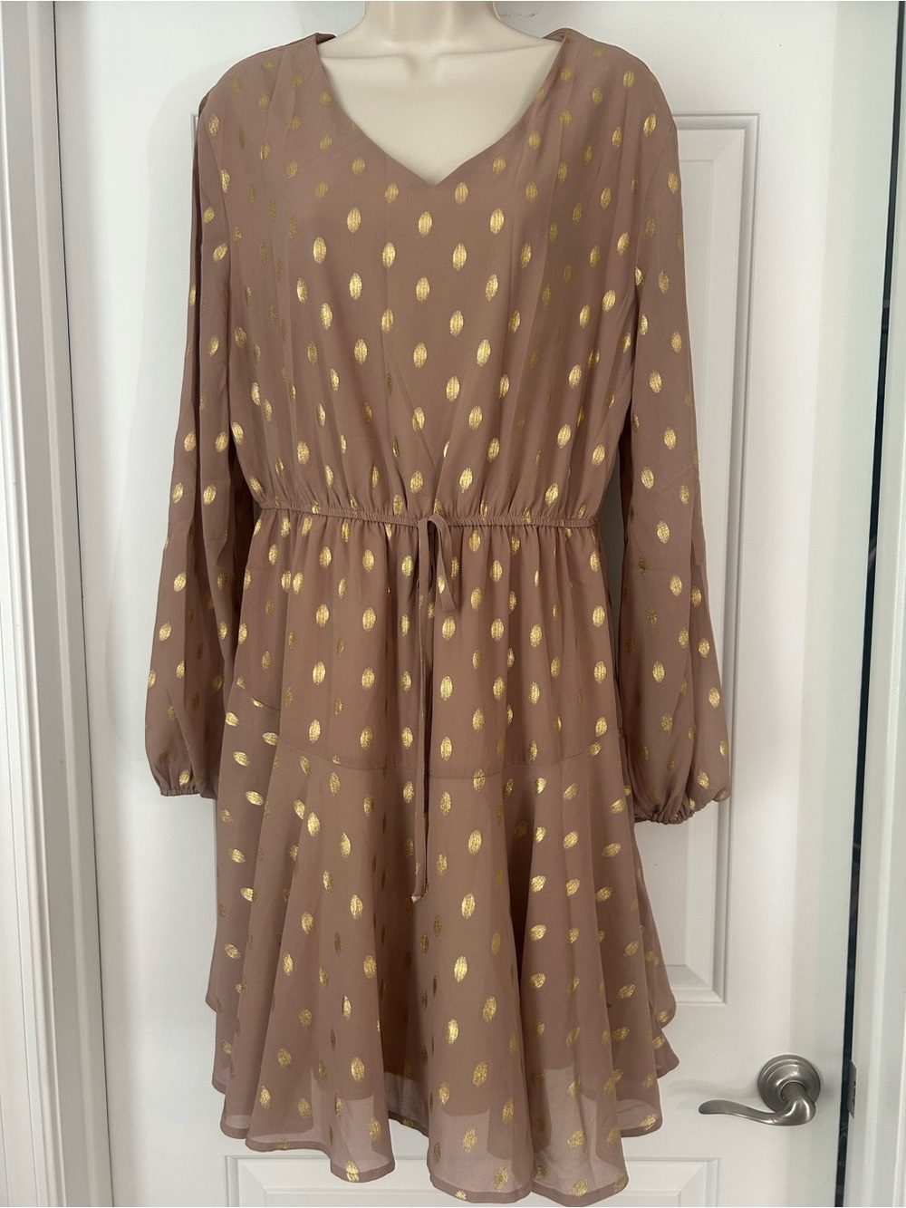 Taupe Dress with Gold Foil Dot Accents